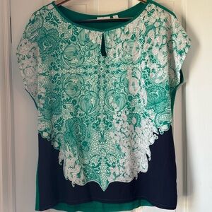 New York & Company Teal and Navy Floral Lace-Print Short Sleeve Top